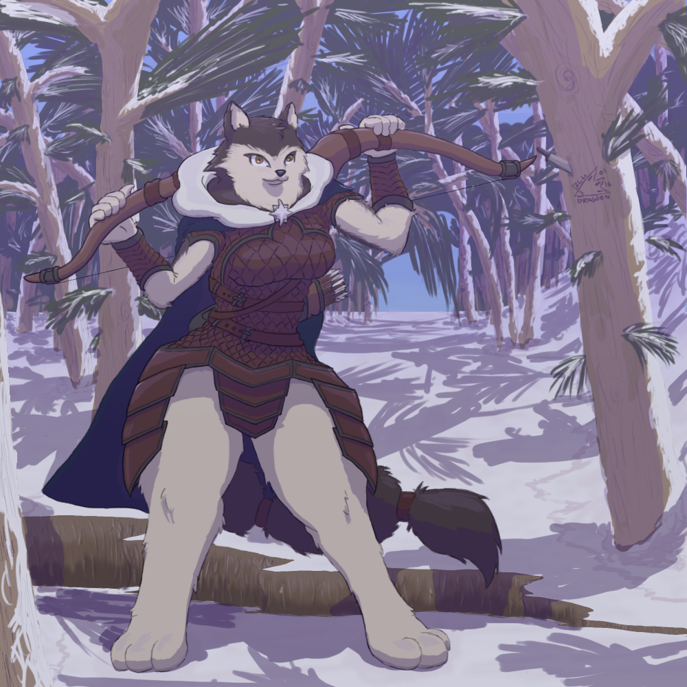 2016 armello armor bludragoon bow_(weapon) canine cape clothing female fluffy forest leather leather_armor mammal outside quiver ranged_weapon river_(armello) snow tailband thick_thighs tree video_games weapon wide_hips wolf