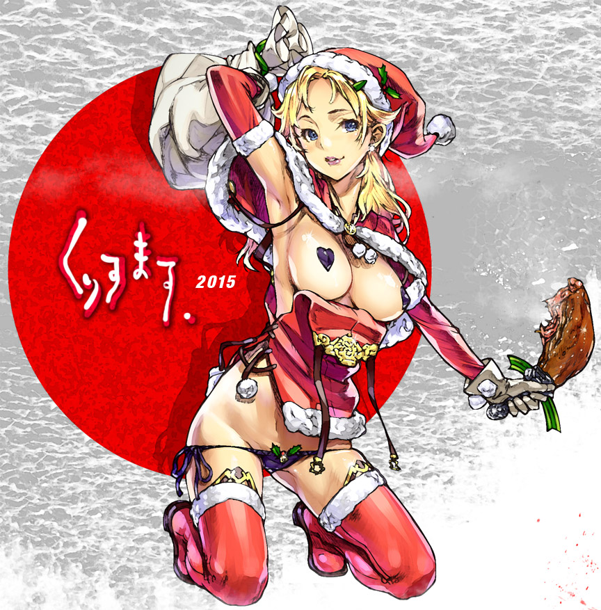 2015 arm_up armpits ass_visible_through_thighs bag bangs blonde_hair blue_eyes boots breasts breasts_outside brooch cape copyright_request elbow_gloves food full_body fur-trimmed_boots fur_boots fur_trim gloves grey_background hand_behind_head hat holding holding_bag holding_food holly jewelry kneeling large_breasts lips lipstick long_hair looking_at_viewer looking_to_the_side lowleg lowleg_panties makeup meat no_pants panties pasties pink_lipstick pom_pom_(clothes) red_footwear red_legwear sack santa_boots santa_costume santa_hat side-tie_panties sleeveless smile solo takada_kazuhiro thigh_boots thighhighs turkey_(food) turkey_leg underwear unfastened wardrobe_malfunction