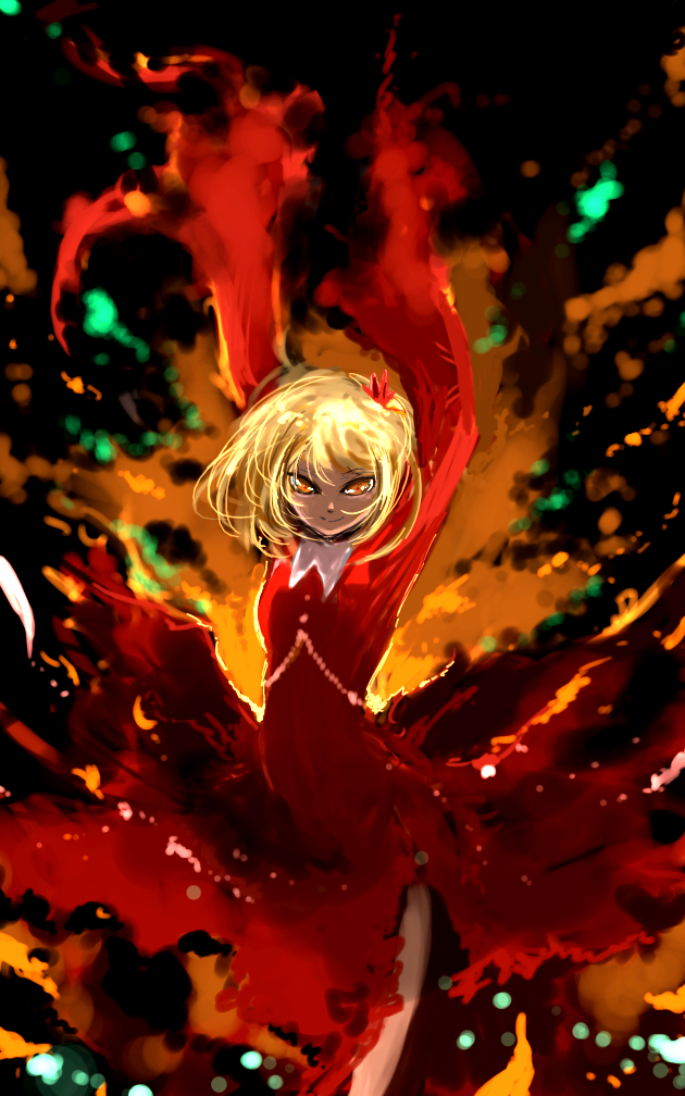 aki_shizuha arms_up blonde_hair dissolving_clothes dress ginji_(sakaki_summer) hair_ornament leaf_hair_ornament long_sleeves looking_at_viewer orange_eyes red_dress sleeves_past_wrists smile solo touhou wide_sleeves