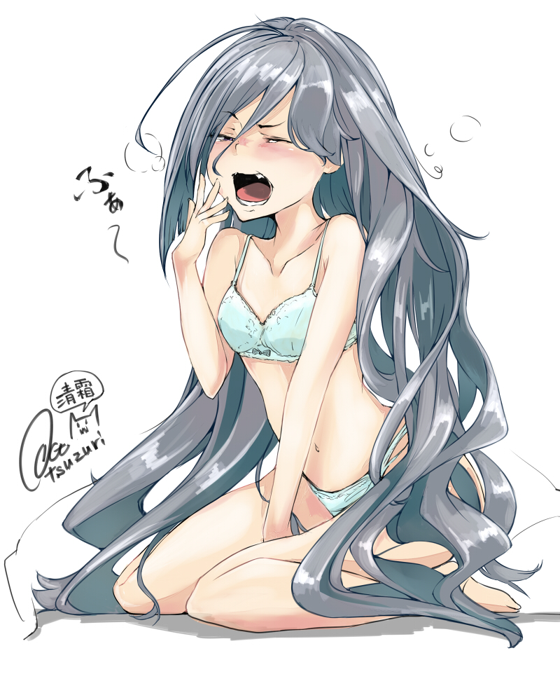 aqua_bra aqua_panties artist_name bra character_name cinderella_bust closed_eyes commentary fang grey_hair hair_down kantai_collection kiyoshimo_(kantai_collection) long_hair messy_hair navel open_mouth panties rizzl seiza simple_background sitting solo tears underwear underwear_only very_long_hair wavy_mouth white_background yawning