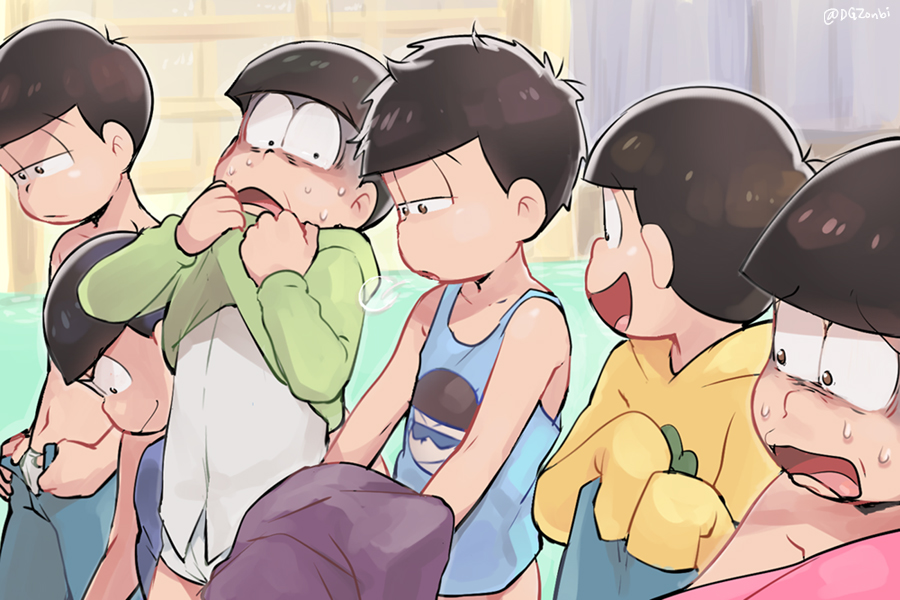 :d black_eyes black_hair blue_pants bottomless bowing briefs brothers brown_eyes closed_mouth commentary_request d: frown hood hood_down hoodie indoors kl lineup looking_to_the_side male_focus matsuno_choromatsu matsuno_ichimatsu matsuno_juushimatsu matsuno_karamatsu matsuno_osomatsu matsuno_todomatsu messy_hair multiple_boys navel no_pants open_mouth open_pants osomatsu-kun osomatsu-san pants print_shirt scared sextuplets shaded_face shirt shirtless siblings sigh sleeves_past_wrists smile standing sweat tank_top twitter_username undershirt underwear undressing wavy_mouth white_shirt