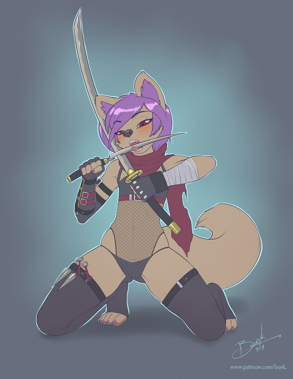 anthro armor bandage black_nose blush bonk brown_fur buckles bulge canine clothed clothing fenix fenix-fox fishnet fox fur girly gloves gradient_background hair hi_res katana kneeling knife kunai legwear licking male mammal melee_weapon pawpads paws purple_hair red_eyes rubber scarf simple_background skimpy solo sword tongue tongue_out translucent weapon