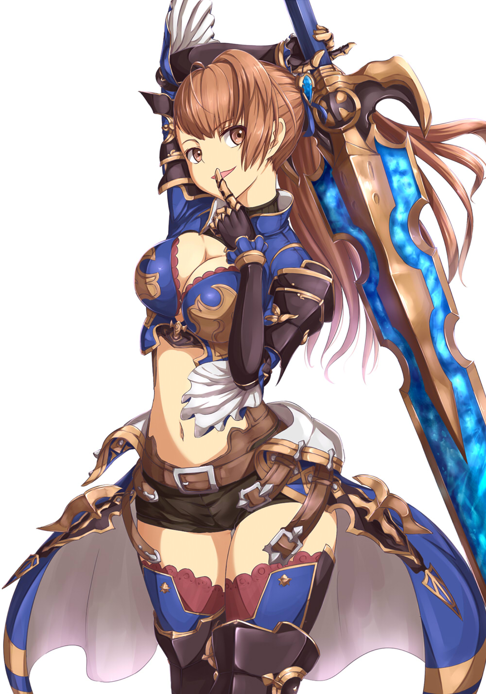 :d armor armored_boots beatrix_(granblue_fantasy) boots breasts brown_eyes brown_hair cleavage cleavage_cutout cowboy_shot ears finger_to_mouth glowing glowing_sword glowing_weapon granblue_fantasy head_tilt highres holding holding_weapon long_hair looking_at_viewer medium_breasts navel open_mouth ponytail sakaokasan shorts shoulder_armor showgirl_skirt simple_background smile solo spaulders sword thighhighs weapon white_background