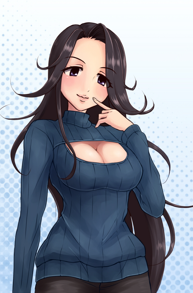 black_hair black_pants blue_background blue_sweater breasts cleavage cleavage_cutout finger_to_face gradient gradient_background haiji_(sugakunigate) halftone halftone_background highres idolmaster idolmaster_cinderella_girls large_breasts long_hair meme_attire open-chest_sweater pants purple_eyes revision ribbed_sweater smile solo sweater takahashi_reiko turtleneck