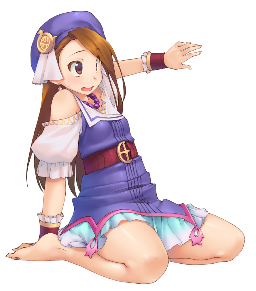 bare_shoulders barefoot beret brown_eyes brown_hair dress earrings full_body hat idolmaster idolmaster_(classic) jewelry legs long_hair minase_iori necklace palace_of_dragon_(idolmaster) ryuuguu_komachi simple_background sitting solo star star_earrings temurei_(vovovov) wariza wavy_mouth white_background