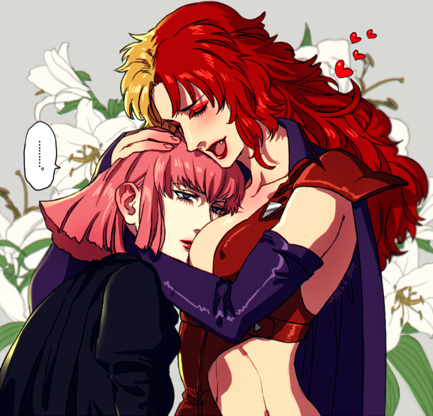 bangs blonde_hair blush breast_pillow breast_smother breasts cape chara_soon closed_eyes collarbone covered_nipples elina_kuroe_no_daarin fang flower gundam gundam_zz haman_karn heart hug lily_(flower) lipstick long_hair makeup medium_breasts multicolored_hair multiple_girls open_mouth pink_hair red_hair red_lipstick short_hair smile two-tone_hair yuri