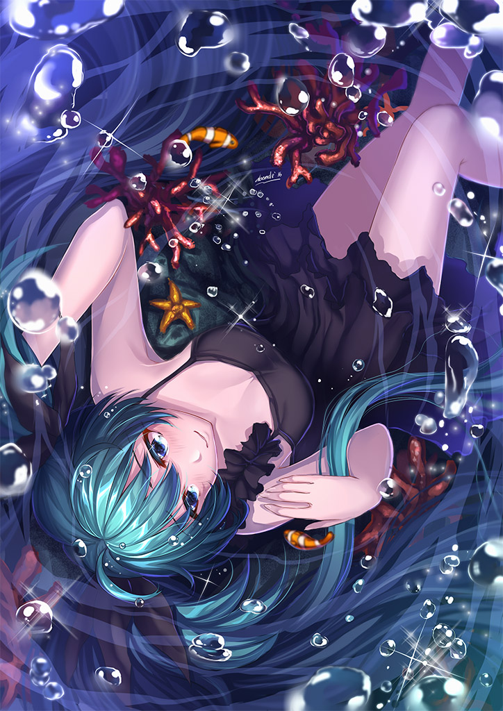 abondz aqua_eyes aqua_hair black_dress clownfish dress hatsune_miku long_hair shinkai_shoujo_(vocaloid) solo twintails underwater upside-down vocaloid