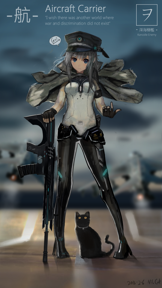 adapted_costume aircraft aircraft_carrier airplane animal artist_name beckoning blue_eyes cat cloud coat collar dated english fighter_jet fingerless_gloves flight_deck foreshortening gloves grey_eyes gun harrier_jump_jet hat jacket_on_shoulders jet kantai_collection looking_at_viewer looking_up military military_vehicle nilocat ocean rifle ship skin_tight sky solo speech_bubble tail warship water watercraft weapon wo-class_aircraft_carrier yellow_eyes