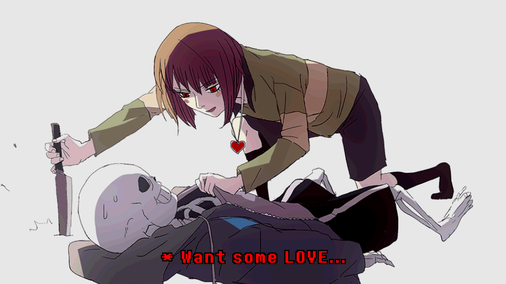 androgynous animated animated_gif barefoot black_legwear bossmonsterbani brown_hair chara_(undertale) clothes_grab heart heart_necklace hood hoodie jacket_grab jewelry knife necklace no_eyes red_eyes sans simple_background skeleton spoilers stabbing subtitled sweat sweating_profusely undertale