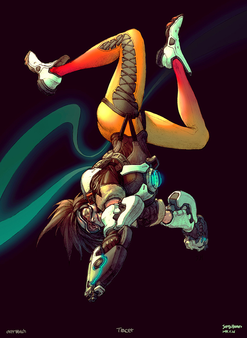 2015 artist_name bad_artstation_id bad_id bodysuit character_name copyright_name dated dual_wielding goggles gun handgun holding jong_hwan orange_bodysuit overwatch short_hair signature smile solo spiked_hair tracer_(overwatch) upside-down weapon