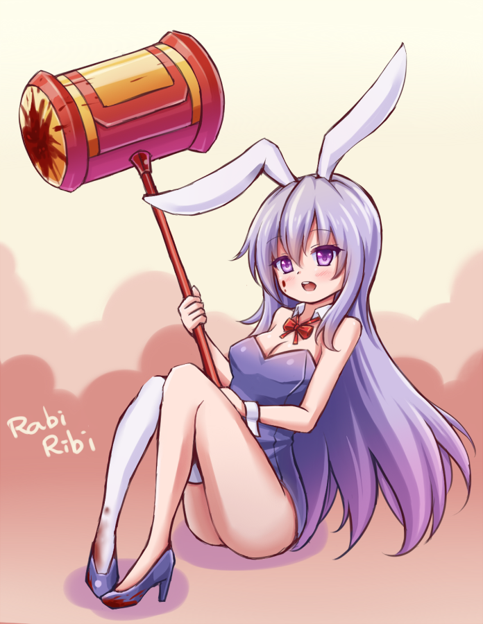animal_ears bare_shoulders blood blood_on_face blood_on_shoes bloody_weapon breasts bunny_ears bunny_tail bunnysuit cleavage copyright_name detached_collar erina_(rabi-ribi) hammer high_heels long_hair looking_at_viewer medium_breasts open_mouth purple_eyes purple_hair rabi-ribi shokuane single_thighhigh solo tail thighhighs very_long_hair weapon white_legwear wrist_cuffs