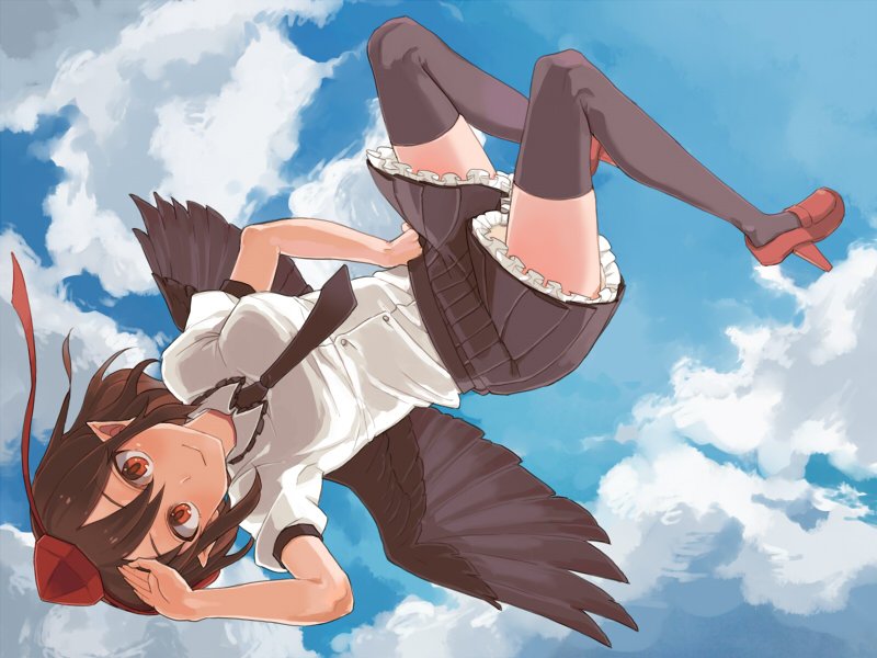 black_hair black_wings cloud day geta hat necktie pointy_ears pom_pom_(clothes) red_eyes shameimaru_aya shirt short_hair skirt sky smile solo tengu-geta tokin_hat touhou upside-down wings yasakae