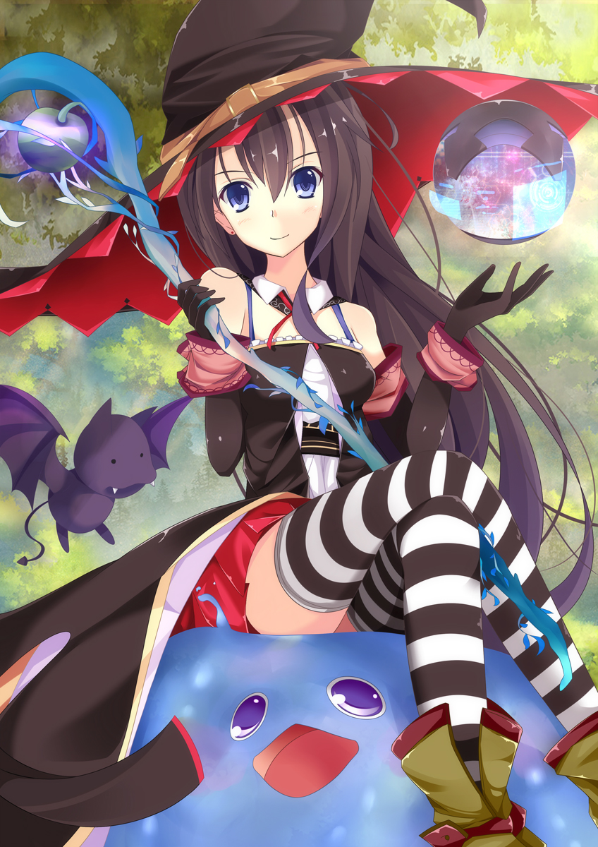 bad_id bad_pixiv_id bare_shoulders black_gloves black_hair blue_eyes blush commentary_request crossed_legs elbow_gloves full_moon gloves hat highres long_hair looking_at_viewer moon original sitting smile solo staff striped striped_legwear thighhighs witch witch_hat youkan_(mattya_youkan)