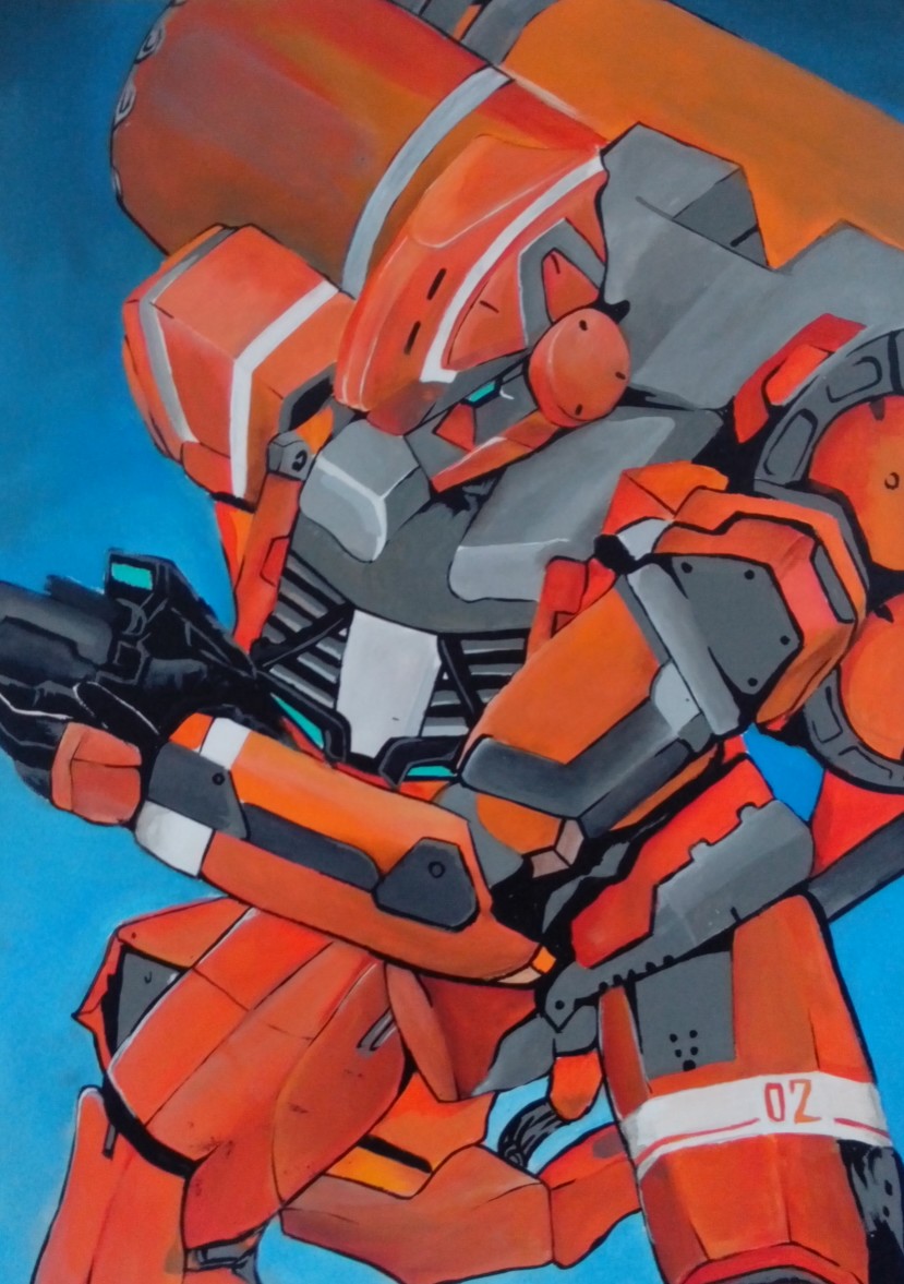 armor blue_background blue_hair caline_tanco cowboy_shot gun holding holding_gun holding_weapon kg-6_sleipnir mecha no_humans simple_background standing weapon