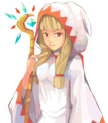 bangs blonde_hair blunt_bangs braid elrowa final_fantasy final_fantasy_tactics gloves hair_over_shoulder hood long_hair lowres red_eyes robe simple_background solo staff twin_braids twintails upper_body weapon white_background white_mage white_mage_(fft)