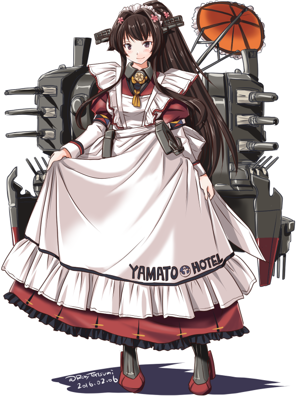 alternate_costume apron armband brown_eyes brown_hair dated dress enmaided flower frilled_dress frills hair_flower hair_ornament hairband headgear high_ponytail hotel_yamato kantai_collection long_hair long_ponytail long_sleeves looking_at_viewer machinery maid maid_apron maid_headdress ponytail puffy_long_sleeves puffy_sleeves rigging sidelocks simple_background smile solo tatsumi_ray twitter_username umbrella very_long_hair white_background yamato_(kantai_collection)