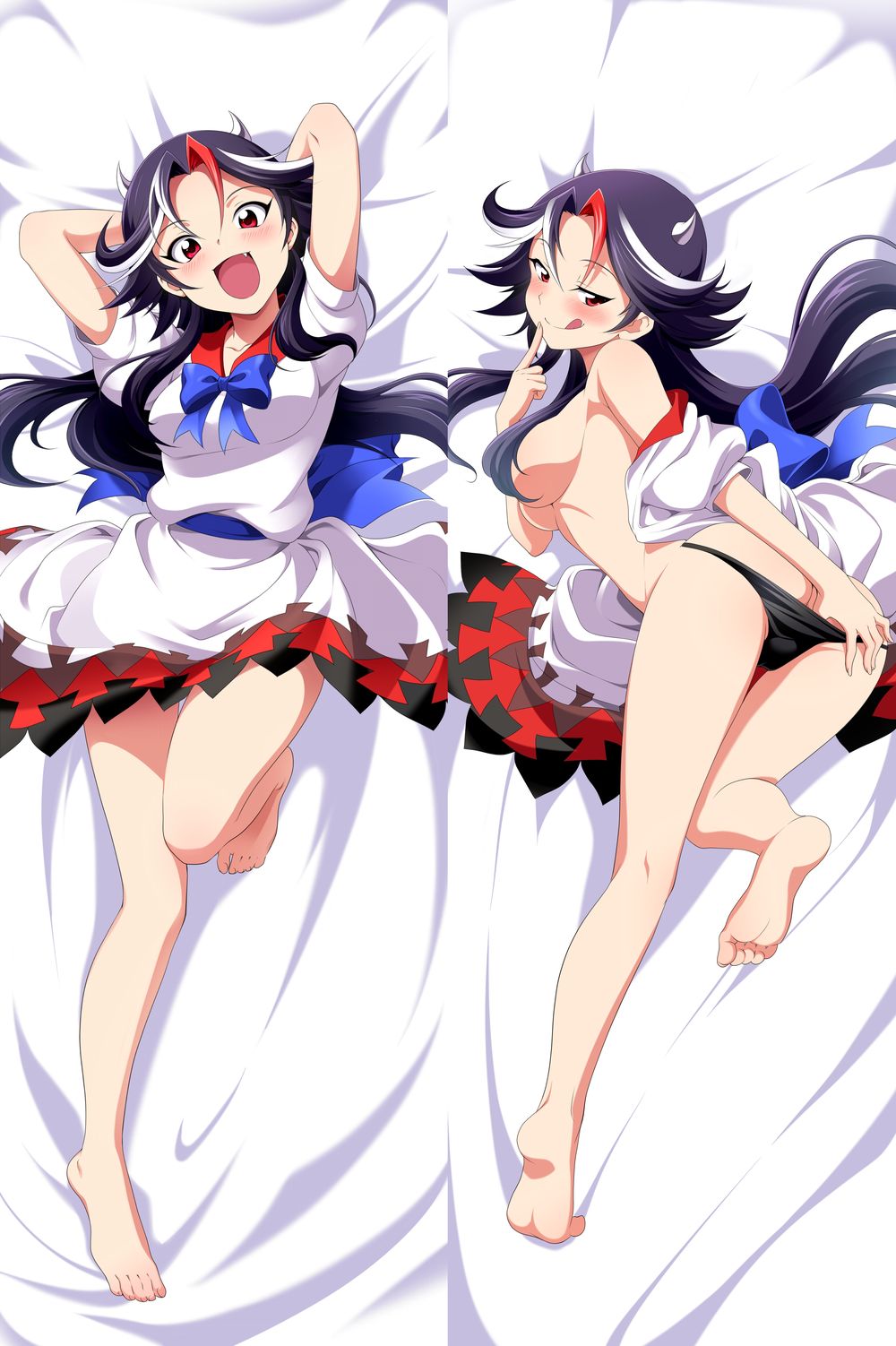 alternate_hair_length alternate_hairstyle arms_behind_head ass barefoot black_hair black_panties blue_bow blue_ribbon blush bow breasts collarbone convenient_censoring dakimakura directional_arrow dress fang full_body hair_censor highres hirococo horns kijin_seija long_hair looking_at_viewer lying medium_breasts multicolored_hair multiple_views naughty_face on_back open_mouth panties puffy_short_sleeves puffy_sleeves red_eyes red_hair ribbon short_sleeves sideboob streaked_hair touhou underwear white_hair