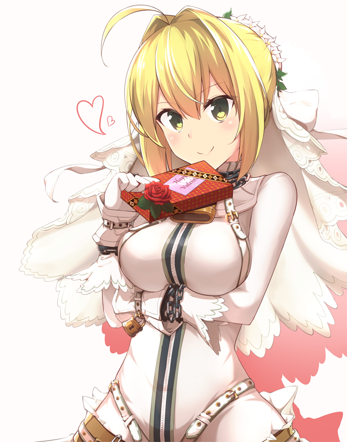 ahoge belt blonde_hair breasts chain fate/extra fate/extra_ccc fate_(series) flower green_eyes heart large_breasts lock moninora nero_claudius_(bride)_(fate) nero_claudius_(fate)_(all) padlock solo valentine veil