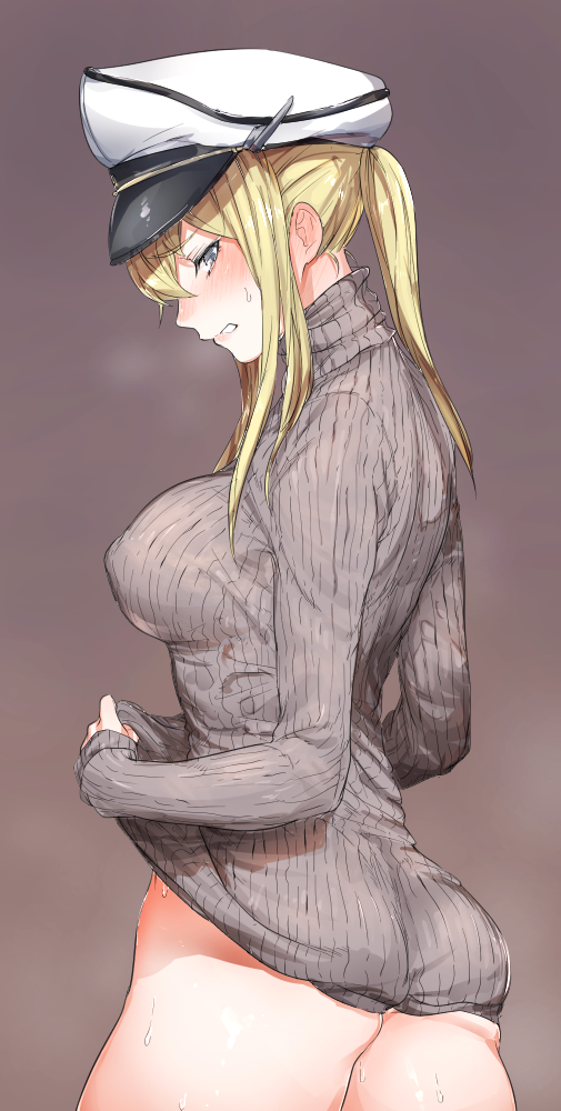 blonde_hair breasts graf_zeppelin_(kantai_collection) kantai_collection large_breasts long_hair naked_sweater no_panties simple_background solo sweater yakitomeito