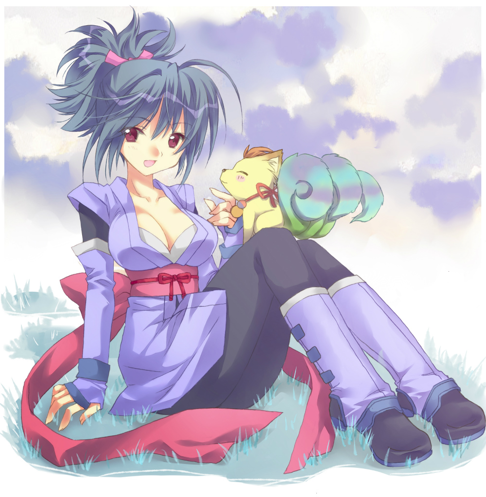 animal black_hair breasts brown_eyes cleavage collarbone corrine creature fujibayashi_shiina grass large_breasts long_hair looking_at_viewer multiple_tails namanama nature open_mouth ponytail sitting solo tail tales_of_(series) tales_of_symphonia