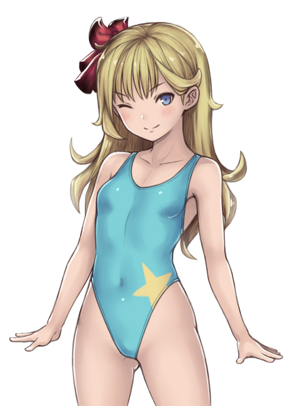 blonde_hair blue_eyes breasts competition_swimsuit highleg highleg_swimsuit katagiri_(a1466502) long_hair one-piece_swimsuit one_eye_closed original small_breasts solo standing swimsuit