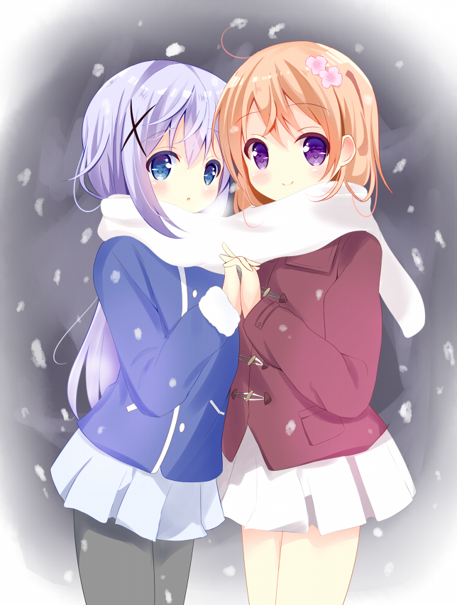 blue_eyes blue_hair brown_hair gochuumon_wa_usagi_desu_ka? hair_ornament hairclip hoto_cocoa kafuu_chino long_hair multiple_girls nagomi_yayado pantyhose purple_eyes scarf shared_scarf short_hair snow x_hair_ornament