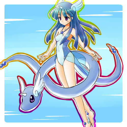 bare_shoulders barefoot blue_hair casual_one-piece_swimsuit costume dragonair gen_1_pokemon head_wings horns jewelry long_hair lowres moemon monster_girl necklace one-piece_swimsuit pendant personification pokemon pokemon_(creature) purple_eyes see-through solo swimsuit tail tenjou_ryuka