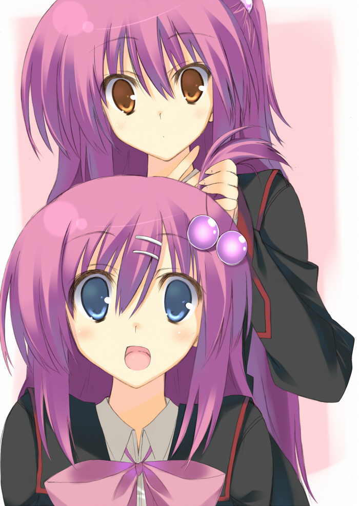 blue_eyes bow brown_eyes futaki_kanata hair_bobbles hair_ornament kuwashima_rein little_busters! long_hair multiple_girls pink_bow purple_hair saigusa_haruka school_uniform