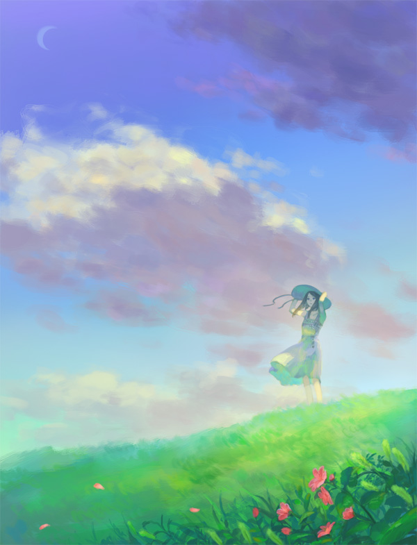 black_hair cloud copyright_request day dress flower grass hat hiko_(scape) moon ribbon sky solo wind