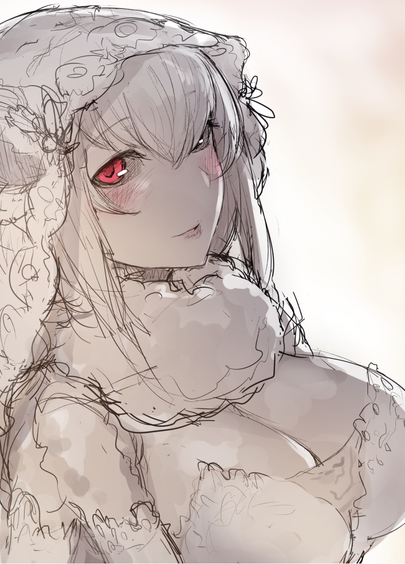 black_sclera breasts cleavage elbow_gloves fur_collar gloves insect_girl large_breasts long_hair mashiro_(solopipb) monochrome monster_girl moth_girl original red_eyes sketch solo solopipb spot_color veil