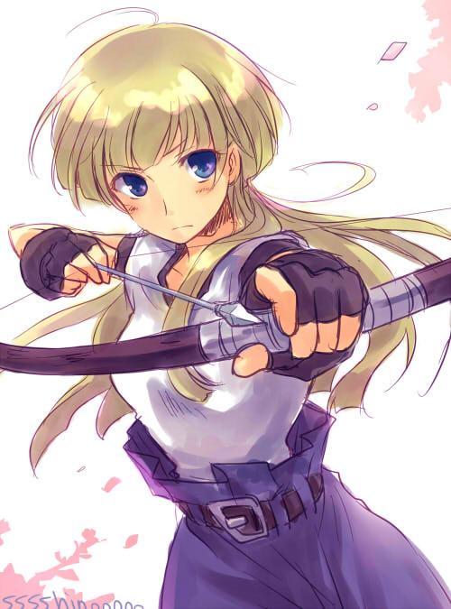 aiming arrow artist_name blonde_hair blue_eyes blush bow_(weapon) drawing_bow fingerless_gloves gloves harushino holding holding_arrow holding_bow_(weapon) holding_weapon long_hair outstretched_arm rennie simple_background solo tear_ring_saga weapon white_background