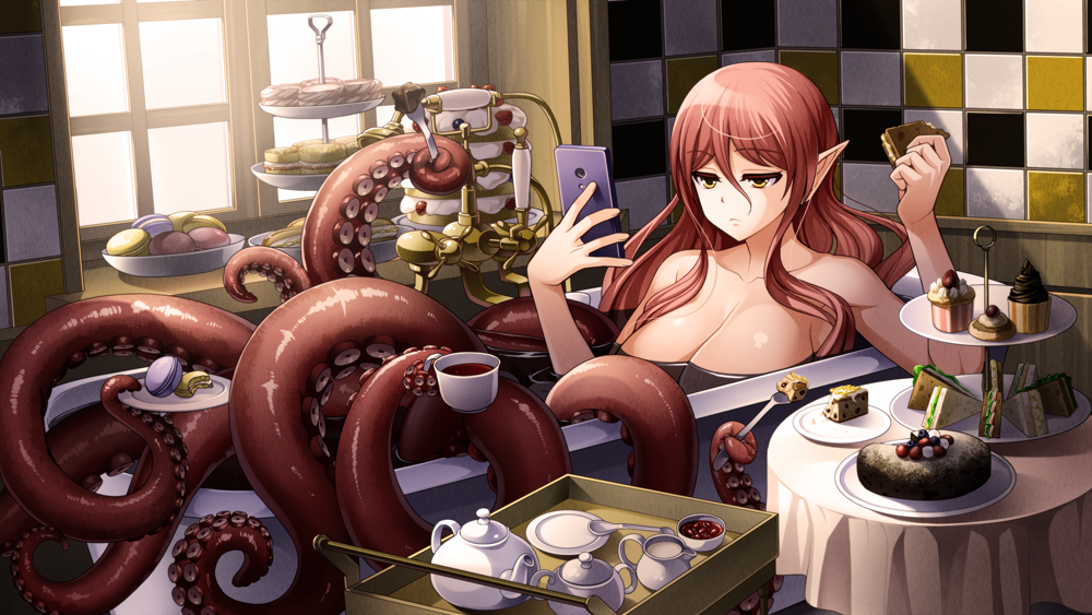 bangs bath bathing bathroom bathtub breasts brown_hair cake cellphone checkered checkered_wall cleavage cookie creamer_(vessel) cup cupcake eyebrows eyebrows_visible_through_hair food frown hair_between_eyes holding holding_cup holding_food holding_phone indoors jitome large_breasts long_hair looking_at_phone macaron monster_girl multitasking original partially_submerged phone pointy_ears sandwich saucer scylla serving_cart smartphone solo spoon suction_cups sweets tablecloth tea tea_set teacup teapot tentacles tiered_tray tile_wall tiles torigoe_takumi water window yellow_eyes