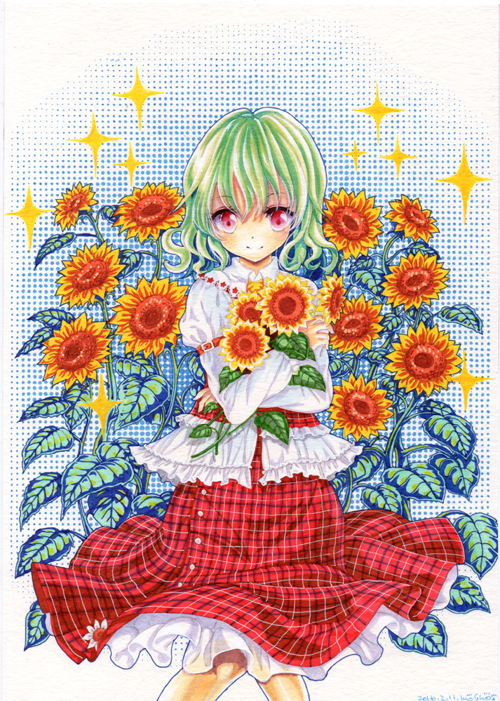 bouquet dated flower green_hair juliet_sleeves kazami_yuuka long_sleeves looking_at_viewer marker_(medium) mosho plaid plaid_skirt puffy_sleeves red_eyes shirt signature skirt smile solo sunflower touhou traditional_media