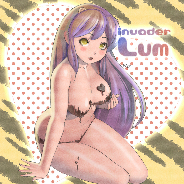 :3 :d animal_print bad_id bad_pixiv_id blush breasts character_name chocolate chocolate_heart chocolate_on_breasts dripping fang green_eyes green_hair heart horns large_breasts long_hair looking_at_viewer lum naked_chocolate nude open_mouth pointy_ears polka_dot sitting smile solo tiger_print urusei_yatsura valentine wakino_keibun