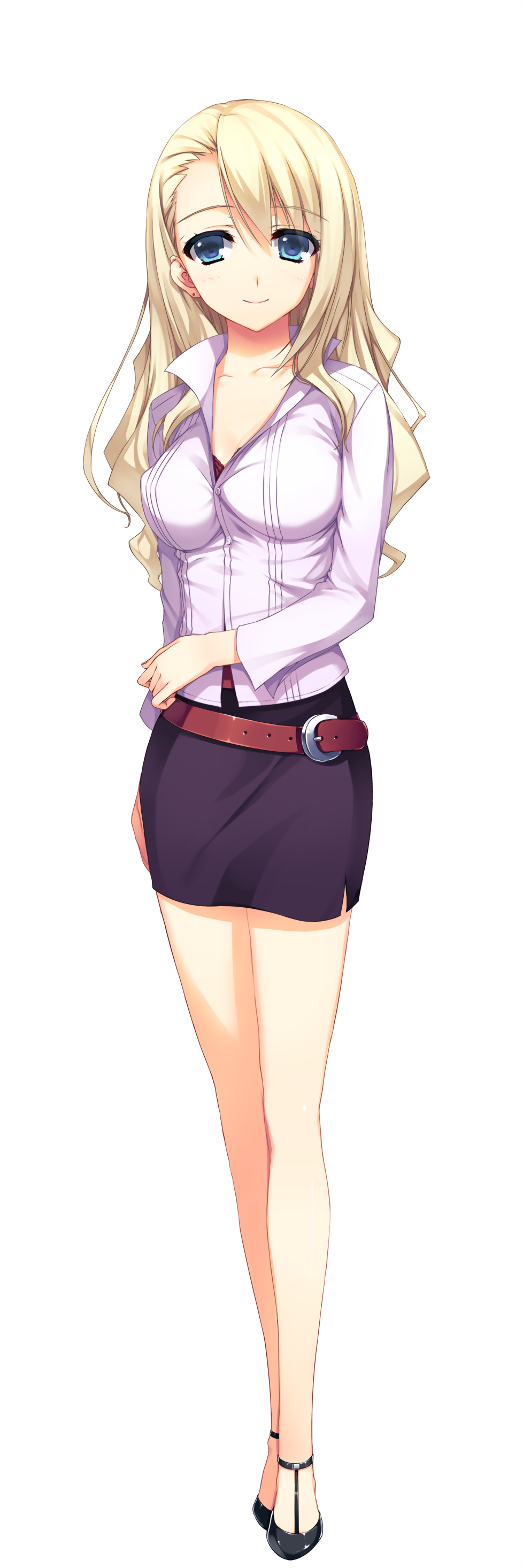 absurdres belt blonde_hair blue_eyes breasts cleavage full_body high_heels highres large_breasts long_hair looking_at_viewer loose_belt non-web_source pencil_skirt reminiscence skirt smile solo standing tomose_shunsaku transparent_background