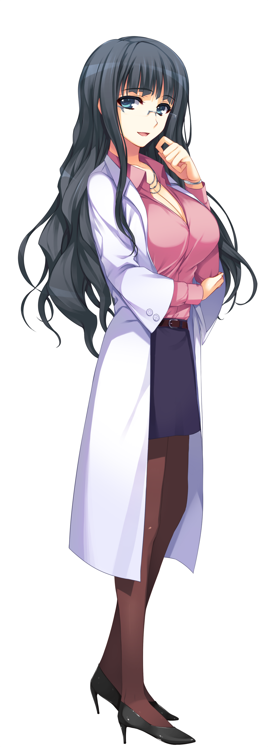 absurdres black_hair bracelet breasts cleavage full_body glasses green_eyes highres jewelry labcoat large_breasts long_hair looking_at_viewer non-web_source open_mouth pantyhose pencil_skirt reminiscence reminiscence_re:collect skirt smile solo standing sugimura_kanami tomose_shunsaku transparent_background