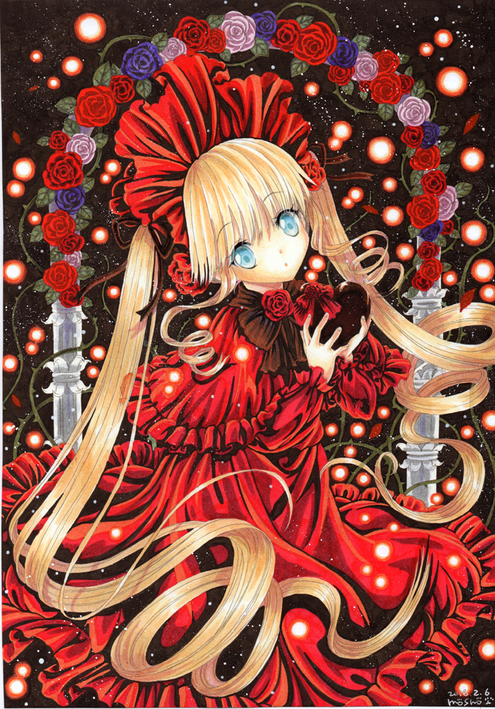 aqua_eyes blonde_hair blue_flower blue_rose capelet chocolate chocolate_heart dated dress flower frills hat heart lolita_fashion long_hair looking_at_viewer marker_(medium) mosho red_capelet red_dress red_flower red_rose rose rozen_maiden shinku signature solo too_many too_many_frills traditional_media twintails valentine very_long_hair