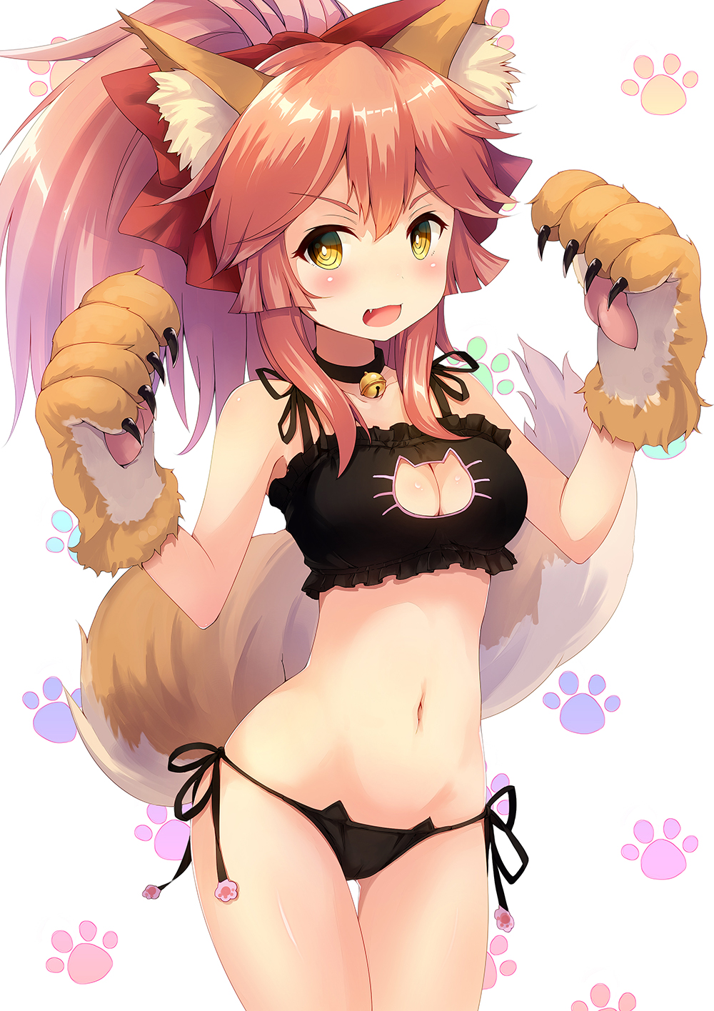 animal_ears bell bell_choker bell_collar black_bra bra breasts cat_cutout cat_ear_panties cat_lingerie choker cleavage cleavage_cutout collar collarbone fate/grand_order fate_(series) fox_ears fox_tail gloves hair_ribbon highres jingle_bell large_breasts long_hair looking_at_viewer meme_attire navel open_mouth panties paw_gloves paws ribbon side-tie_panties solo sunsuke tail tamamo_(fate)_(all) tamamo_cat_(fate) underwear underwear_only yellow_eyes