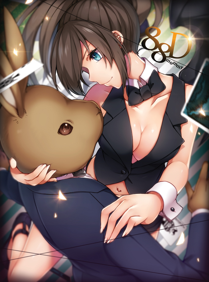 bemani black_bow black_footwear black_neckwear black_shorts black_vest blue_eyes blurry bow bowtie breasts brown_hair bunny buttons card cleavage closed_mouth collarbone depth_of_field detached_collar diagonal_stripes eye_contact falling_card fingernails formal hand_on_another's_head hand_on_another's_shoulder jacket kayase large_breasts lens_flare long_fingernails long_hair long_sleeves looking_at_another midriff navel number profile shiny shiny_skin shirt shoes shorts smile song_name striped striped_background suit text_focus vest white_shirt wrist_cuffs