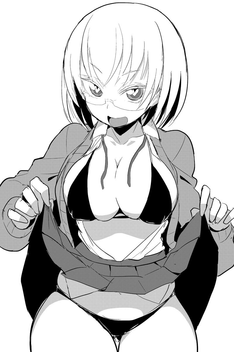 bracer breasts cleavage glasses greyscale heart heart-shaped_pupils highres ken_(koala) large_breasts looking_at_viewer md5_mismatch monochrome open_clothes open_mouth original pleated_skirt school_uniform short_hair simple_background skirt smile solo symbol-shaped_pupils underwear upskirt white_background