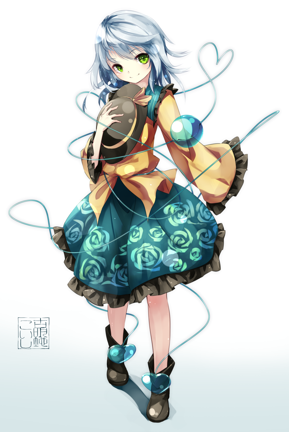 floral_print gorilla_(bun0615) gradient gradient_background green_eyes hat hat_removed hat_ribbon headwear_removed heart heart_of_string highres komeiji_koishi long_sleeves looking_at_viewer ribbon shirt silver_hair skirt smile solo touhou wide_sleeves
