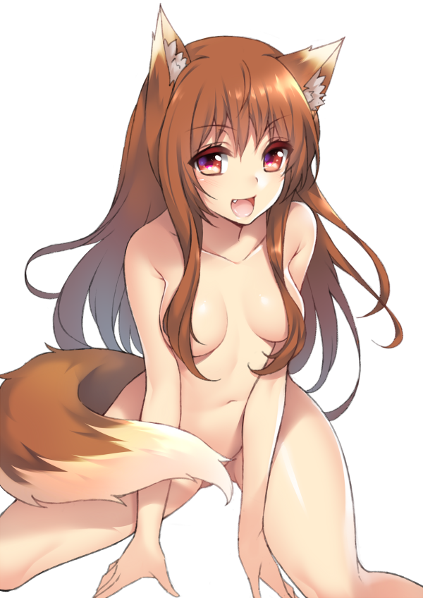 :d animal_ears breasts brown_hair convenient_censoring fang fuya_(tempupupu) hair_censor hair_over_breasts happy holo long_hair navel nude open_mouth red_eyes shiny shiny_skin simple_background smile solo spice_and_wolf spread_legs tail tail_censor white_background wolf_ears wolf_girl wolf_tail