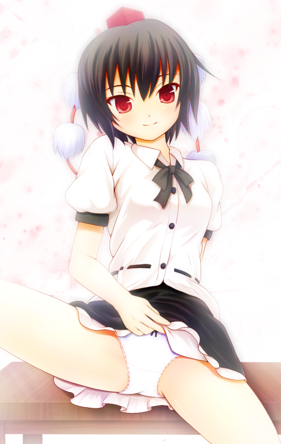 arms_behind_back bench black_bow black_neckwear black_skirt blush bow bow_panties bowtie collared_shirt crotch_seam dress_shirt hat head_tilt highres lifted_by_self looking_at_viewer mofupaka panties pom_pom_(clothes) puffy_short_sleeves puffy_sleeves red_eyes red_hat shameimaru_aya shirt short_hair short_sleeves simple_background sitting skirt skirt_lift smile solo spread_legs tokin_hat touhou tsurime underwear white_background white_panties white_shirt