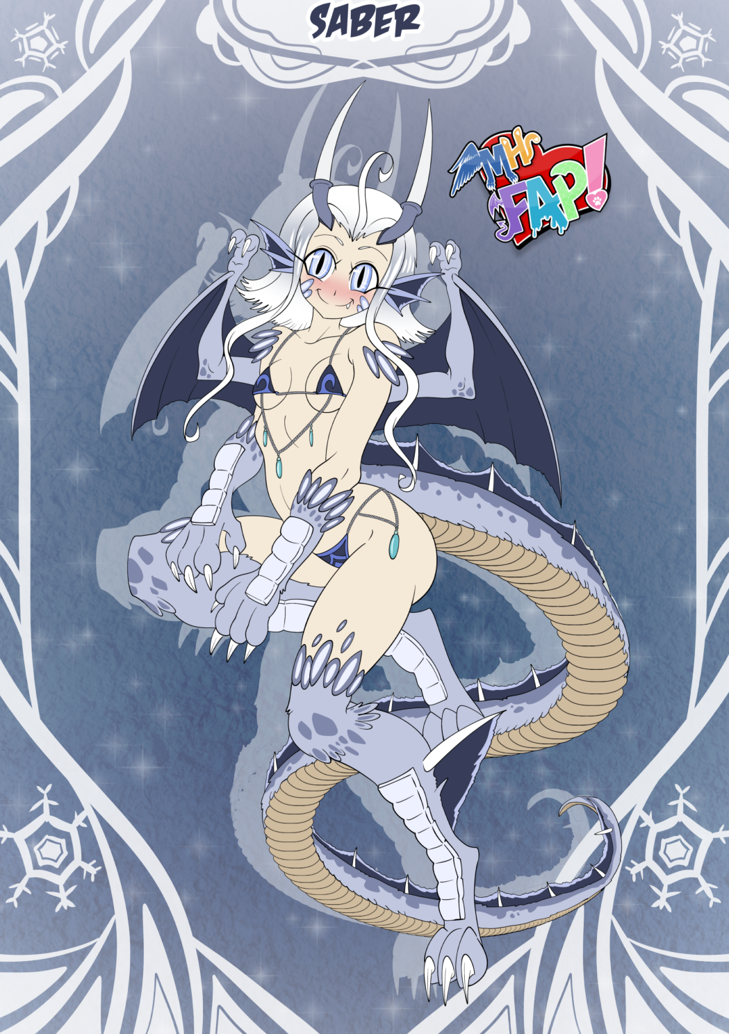 2018 blue_eyes blush chains claws clothed clothing digital_media_(artwork) dragon dragon_girl ecchi fang fangs female flat_chest flat_chested hair horn horns humanoid jewelry lingerie looking_at_viewer mhfap mhfap! monster_girl monster_girl_(genre) not_furry pinup pose punishedkom scales scalie silver_hair slim smile solo swimsuit tail underwear wings young