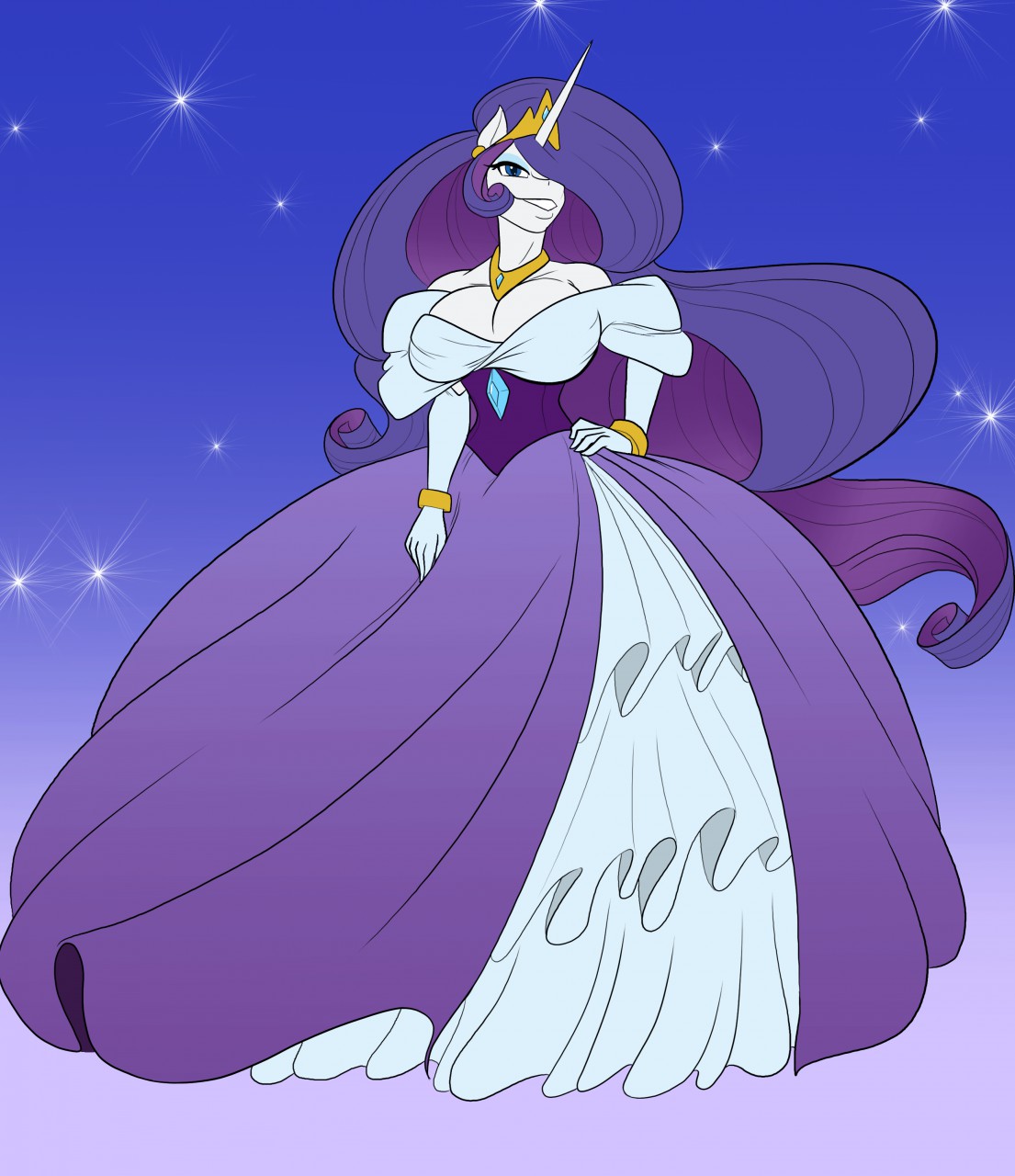 2018 anthro ballroom_gown breasts cleavage clothed clothing dress equine friendship_is_magic gown hair horn long_hair mammal my_little_pony princess_celestia_(mlp) rarity_(mlp) solo toughset unicorn