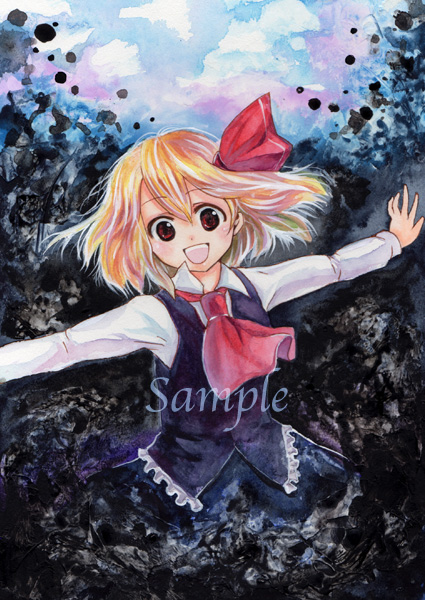:d acrylic_paint_(medium) blonde_hair millipen_(medium) mucco open_mouth outstretched_arms rumia sample short_hair smile solo spread_arms touhou traditional_media watercolor_(medium)