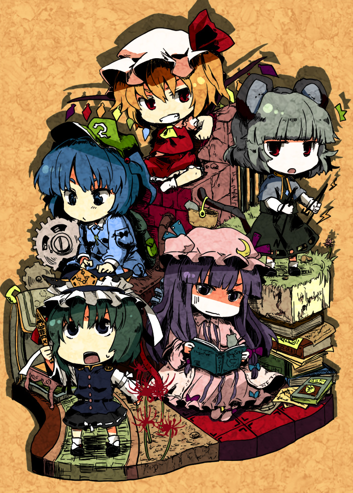 animal_ears book chibi flandre_scarlet hat itsuki_kuro kawashiro_nitori mouse_ears mouse_tail multiple_girls nazrin patchouli_knowledge rod_of_remorse shiki_eiki tail touhou two_side_up wings