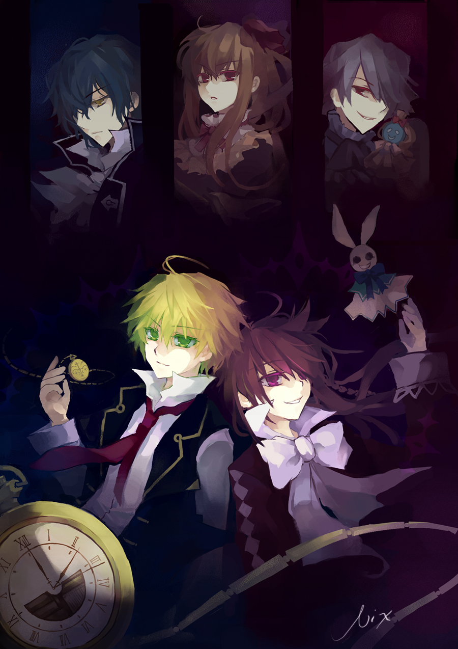 3boys alice_(pandora_hearts) black_hair blonde_hair brown_hair dress emily_(pandora_hearts) gilbert_nightray green_eyes hair_over_one_eye highres multiple_boys multiple_girls nix_(artist) oz_vessalius pandora_hearts pocket_watch red_eyes sharon_rainsworth watch xerxes_break yellow_eyes