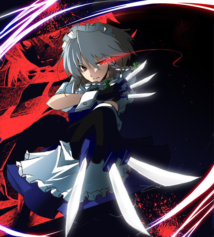 braid gloves izayoi_sakuya kasu_kazu knife red_eyes short_hair silver_hair solo touhou twin_braids weapon