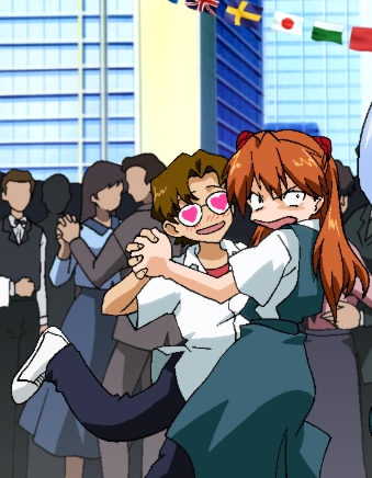 1girl aida aida_kensuke angry asuka_ bangs blush brown_hair couple dancing eyes genesis girlfriend_of_steel glasses hand_holding hands happy hearts height_difference holding in kensuke_ langley_ long_hair looking_over_shoulder neon neon_genesis_evangelion one_leg_up open_mouth red_hair school_uniform smile soryu soryu_asuka_langley tomboy twintails